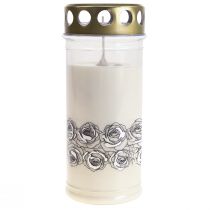 Grabkerze Weiß Rosen Silber Trauerlicht Ø7cm H18cm 77h