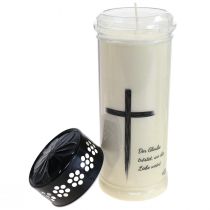 Artikel Grabkerze Weiss mit Spruch und Motiv, Ø7.5 cm, Höhe 21 cm, Kunststoff und Metall, 110 Stunden Brenndauer