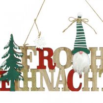 Artikel Holz-Schriftzug "Frohe Weihnachten" mit Wichtel, Tannenbaum und Hirsch, 45 x 0,5 x 22 cm, Natur, Grün, Rot, Gold