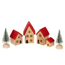 Artikel Holz-Dekohaus-Set mit roten Dächern und Tannenbäumen 12 cm 6-teilig