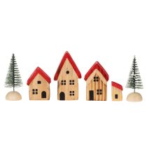 Artikel Holz-Dekohaus-Set mit roten Dächern und Tannenbäumen 12 cm 6-teilig