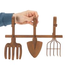 Artikel Hakenleiste aus Metall mit Edelrost, 3 Haken, Gartenwerkzeug-Motiv, Länge 33,5 cm
