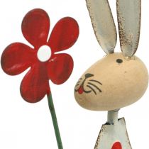 Artikel Osterdekoration aus Metall und Holz – Hasen mit Blumen, Rot-Beige, H21cm, 2er-Set, für Frühlings- und Tischdeko