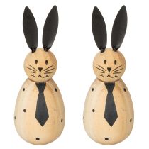 Artikel Dekorativer Holz-Hase mit Metallohren und Krawatte, 12 cm, 2er-Set, natur/schwarz