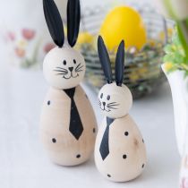 Artikel Dekorativer Holz-Hase mit Metallohren und Krawatte, 12 cm, 2er-Set, natur/schwarz