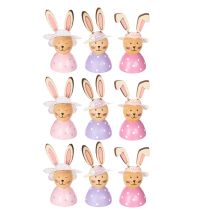 Artikel Holz Osterhasen Figuren mit Hut, 7 cm, 9-teiliges Set, Rosa/Lila/Pink, Tisch- und Wohnungsdeko