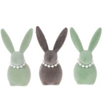 Artikel Osterhasen-Deko aus Kunststoff mit Perlenkette, 13 cm, Grün und Braun, 3er-Set, für Tisch und Wohnung