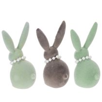Artikel Osterhasen-Deko aus Kunststoff mit Perlenkette, 13 cm, Grün und Braun, 3er-Set, für Tisch und Wohnung