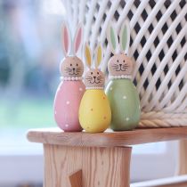 Artikel Dekorative Hasenfiguren aus Holz im Ei-Design, 12 cm, Pastellfarben, Set aus 3 Stück, für Frühlings- und Osterdekoration