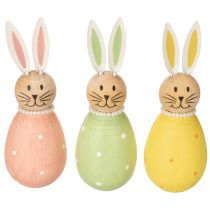 Artikel Dekorative Hasenfiguren aus Holz im Ei-Design, 12 cm, Pastellfarben, Set aus 3 Stück, für Frühlings- und Osterdekoration
