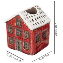 Artikel Kerzenständer aus Keramik im 2er-Set, Hausform, 7 cm, Rot und Beige mit Schnee