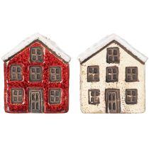 Artikel Kerzenständer aus Keramik im 2er-Set, Hausform, 7 cm, Rot und Beige mit Schnee