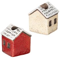 Artikel Kerzenständer aus Keramik im 2er-Set, Hausform, 7 cm, Rot und Beige mit Schnee