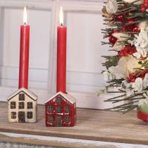Artikel Kerzenständer aus Keramik im 2er-Set, Hausform, 7 cm, Rot und Beige mit Schnee
