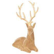 Artikel Dekofigur liegender Hirsch aus beflocktem Kunststoff 58 cm hellbraun mit goldfarbenem Geweih