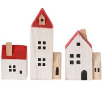 Artikel Deko-Holzhaus-Set, rot-weiss, 6-teilig, Höhen 13/9/6 cm, winterliche Innenraumdekoration
