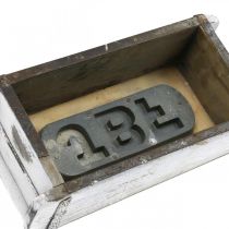 Artikel Ziegelform Holzkasten mit Metallbeschlägen, Weiss Gewaschen, L32cm H9cm, Antik-Optik