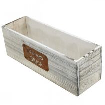 Artikel Pflanzgefäss Holz weiss gewaschen 35x12cm mit Edelrost-Schild