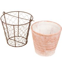 Artikel Keramik Blumentopf im Metall-Drahtkorb mit Henkel Ø18cm Braun