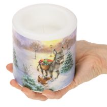 Artikel Stumpenkerze aus Wachs 10 cm Winterlandschaft mit Esel und Hund