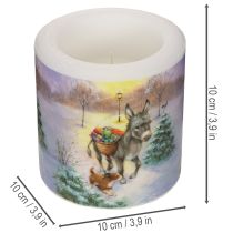 Artikel Stumpenkerze aus Wachs 10 cm Winterlandschaft mit Esel und Hund