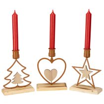 Artikel Kerzenhalter Stabkerzen Metall Holz Stern Herz Tanne Rostbraun H16.5cm 3er Set