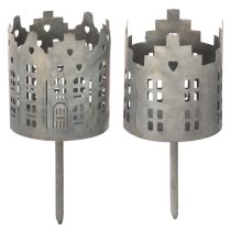 Artikel Teelichthalter Mit Dorn Häuser-Design Metall Silberfarben 6cm 2er-Set