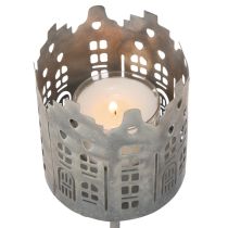 Artikel Teelichthalter Mit Dorn Häuser-Design Metall Silberfarben 6cm 2er-Set