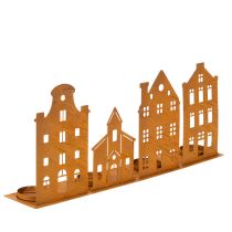Artikel Kerzenhalter aus Metall in Rostoptik, Häuser- und Kirchenmotiv, 52×12cm für Advents- und Weihnachtsdekoration