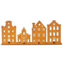 Artikel Kerzenhalter aus Metall in Rostoptik, Häuser- und Kirchenmotiv, 52×12cm für Advents- und Weihnachtsdekoration