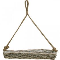 Artikel Korb aus Holz und Schilf zum Hängen, Blumenampel mit Kunststofffolie, Naturfarben-Weiss, 43,5 × 11,5 × 6 cm