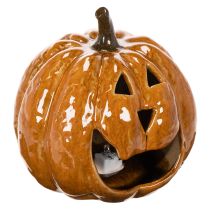 Artikel Keramik Kürbis 15 cm, orange, mit LED-Beleuchtung für Halloween