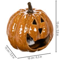 Artikel Keramik Kürbis 15 cm, orange, mit LED-Beleuchtung für Halloween
