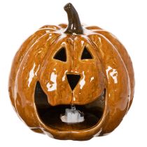 Artikel Keramik Kürbis 15 cm, orange, mit LED-Beleuchtung für Halloween