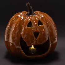 Artikel Keramik Kürbis 15 cm, orange, mit LED-Beleuchtung für Halloween