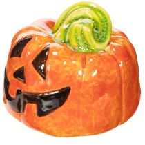 Artikel Deko-Kürbis aus Keramik mit Gesicht, 8 cm, Orange-Grün