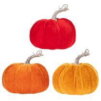 Artikel Set aus drei Stoff-Kürbissen in Orange, Gelb und Rot, 13 cm hoch, herbstliche Tischdekoration