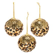 Artikel Weihnachtskugel Kunststoff 7cm Leopard Muster Gold Glitzer 3er-Set