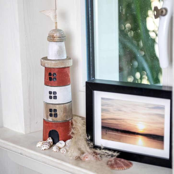 Artikel Leuchtturm aus Holz Maritime Holzdeko Rot Weiß H30,5cm