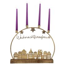 Artikel Lichterbogen aus Metall und Holz mit Stadtsilhouette in Gold, H 43 cm