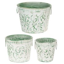 Artikel Metall-Pflanzkübel 3er-Set mit Henkeln, Prägung, Shabby Chic Weiss/Grün, Ø25,5/20,5/15,5cm, H20,5/18,5/16cm