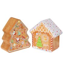 Artikel Metall Keksdose in Lebkuchenoptik Tannenbaum und Haus 14cm 2er-Set