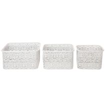 Artikel Weisse Metallschalen mit Spitzenmuster, rechteckig, Dekogefässe 3er-Set, 27/23/19 cm, für Innenbereich