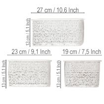 Artikel Weisse Metallschalen mit Spitzenmuster, rechteckig, Dekogefässe 3er-Set, 27/23/19 cm, für Innenbereich
