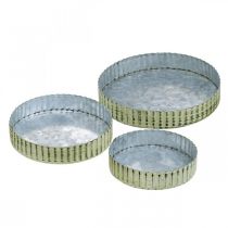 Metallteller zum Dekorieren, Tischdeko, Kerzentablett rund Silbern, Grün Shabby Chic Ø14/16,5/19,5cm H3,5cm 3er-Set