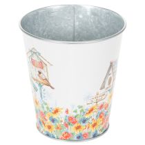Artikel Metall-Pflanztopf Vogelhaus-Motiv H13 cm Ø11,5 cm Weiss-Bunt für Innen und Aussen