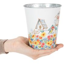 Artikel Metall-Pflanztopf Vogelhaus-Motiv H13 cm Ø11,5 cm Weiss-Bunt für Innen und Aussen