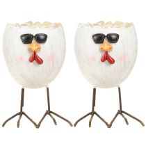 Artikel Mini-Pflanzgefäss Ei-Form mit Huhn-Motiv, Sonnenbrille und Metallfüssen, Polyresin, H12,5cm, 2er-Set