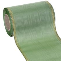 Artikel Moiré Kranzband Salbei-Grün mit Goldrand, 150mm x 25m, Dekoratives Band für Floristik und Kränze