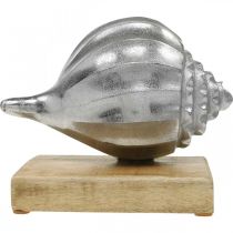 Artikel Muschel aus Metall auf Holzsockel, Silber, Naturfarben, H15 cm, B18,5 cm